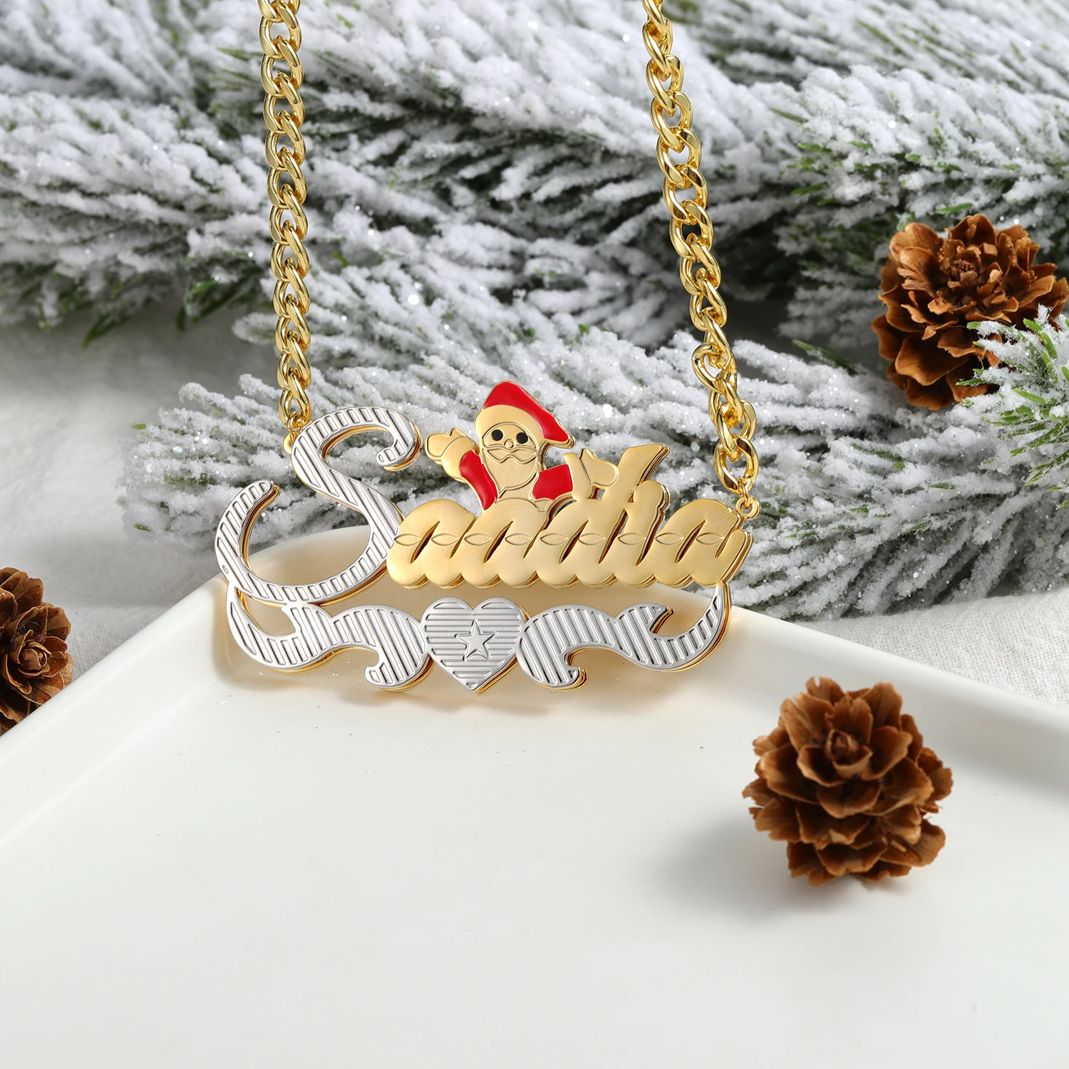 Christmas Jewelry Custom Double Layer Two Tone With Santa Claus And Heart Personalized Gold Plated Name Necklace For Women Girls