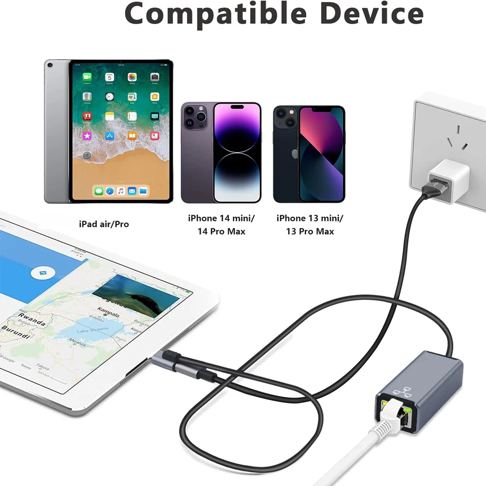 Internet RJ45 Ethernet LAN Network Adapter 20W with Charge Adapter Port For Lightning iPhone 14 13 12 11 8 7 6 5 /iPad/iPod usb port adaptor cable converter