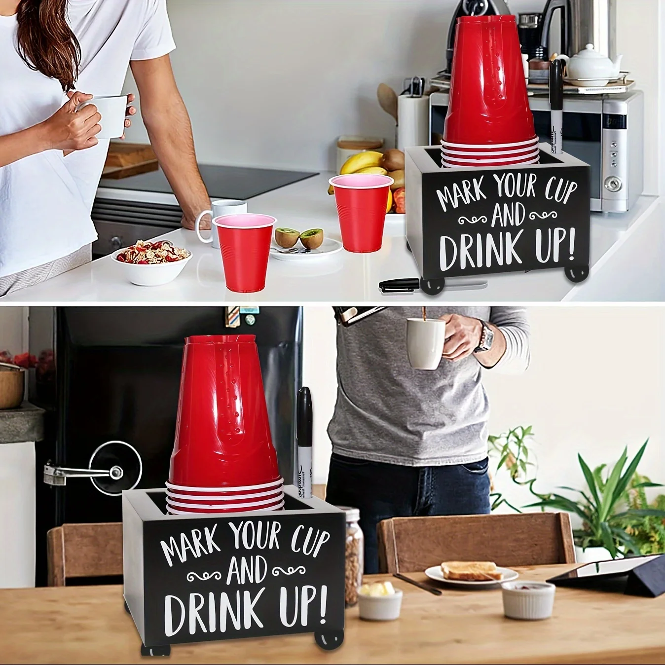 Wooden Cup Holder with Marker Slot Mark Wood Drink Dispenser Coffee Shop Paper Cup Storage Rack Square Desktop Bar Storage Box