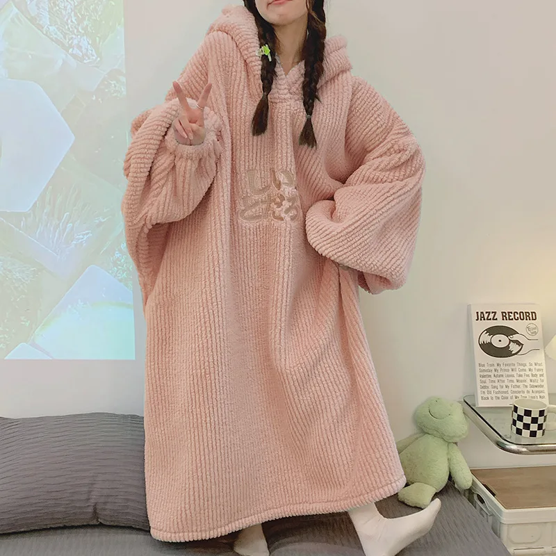 

Thicken Coral Fleece Sleepwear Oversize Loose Nightgown Women Winter Homeclothes Hooded Nightdress Bathrobe Gown Cute Loungewear