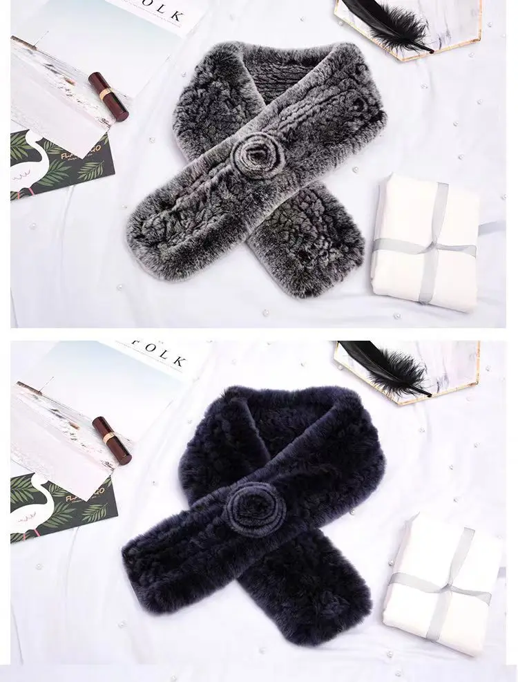 Damen verdickter echter Rex-Kaninchenfell-Halswärmer-Schal mit Blumenmuster, warme und stilvolle koreanische Version, Herbst-Winter-Modeaccessoire – Detail 5