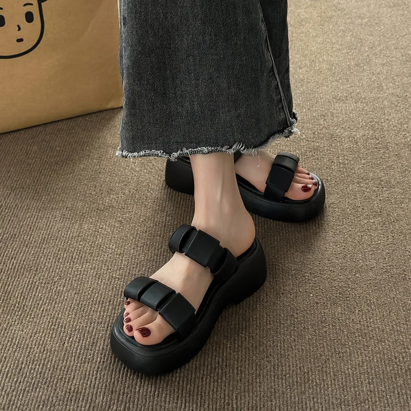 Thick Sole Slippers Women's  Summer New Outwear Square Head Roman Style Versatile Elevated Slippers