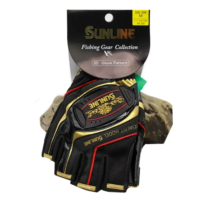 Fishing Gloves New Sunline Men Leather Anti-Slip 3/5 Half-Finger Cut Sports Hiking Cycling Wear-resistant