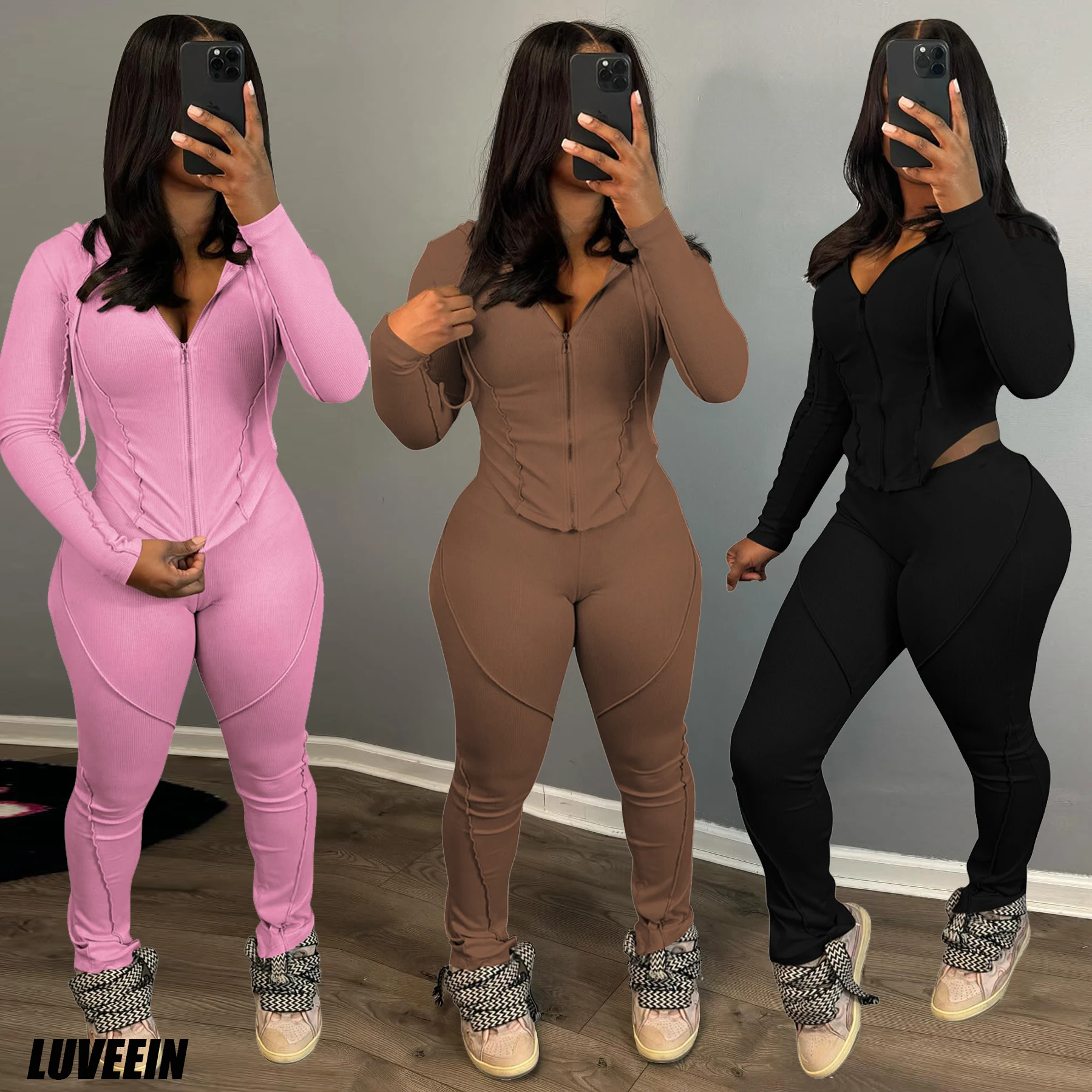 

Crop Tops Jackets 2 Pieces Sets Outfit Women Elegant Tracksuits 2023 Women Fall Winter Ribbed Sexy Two Piece Pant Sets Joggers