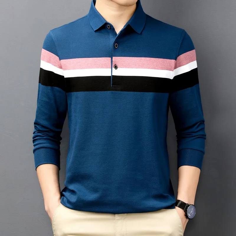 Spring and Autumn Men's Pullover Polo Collar Button Contrast Stripe Long Sleeve T-shirt Hoodies Underlay Fashion Casual Tops