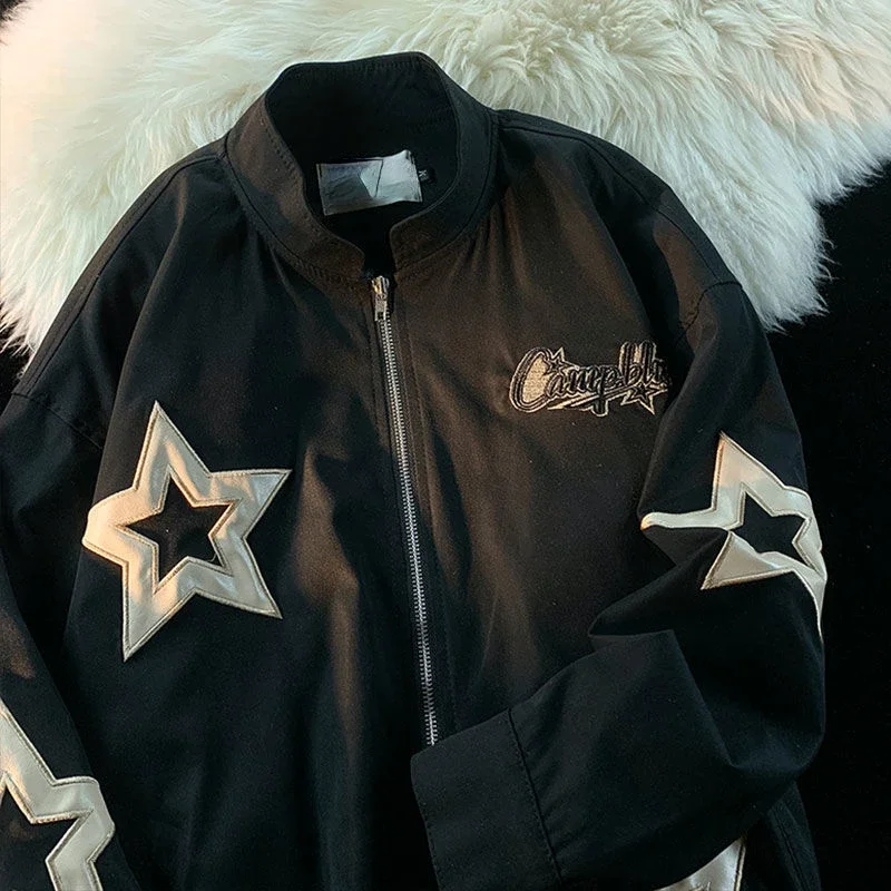 

Deeptown Vintage Bomber Jacket Women Star Girl Y2k Streetwear Harajuku Oversize Korean Fashion Black Jackets Zipper Embroidery
