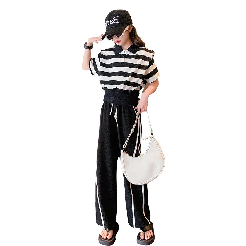 

MODX Girls Clothes Summer Sets Striped Short Sleeve Tops + Pants Suit Teenage Girls Garment Streetwear Sport Children Outfits