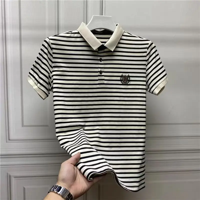 Fashion Lapel Button Embroidery Short Sleeve Striped Polo Shirts Mens Clothing 2024 Summer New Loose Casual Tops Korean T-Shirts 12 Sf47046739c5f4c16a65cd41c5659dd093