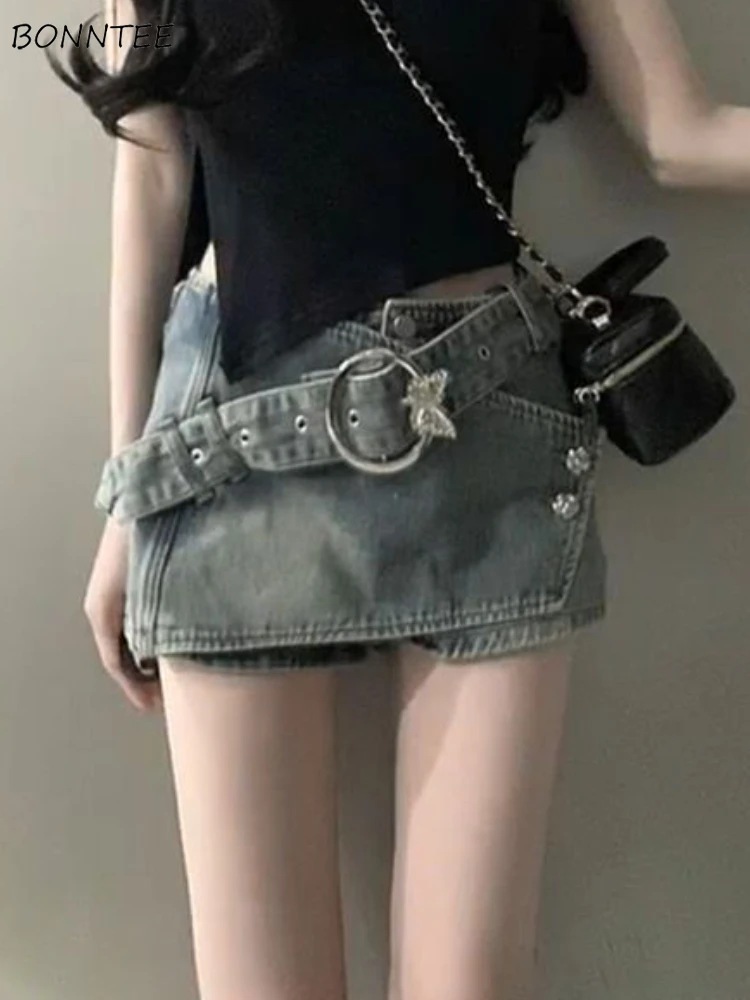 

Denim Shorts Women Belt Creativity Special All-match Korean Style Basics Leisure Vintage Popular Personality Ladies Simple Ins