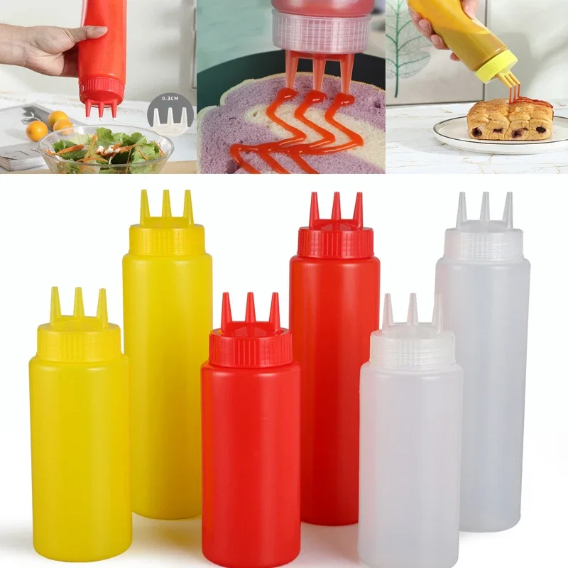 PE Squeeze Bottle Three Holes Condiment Dispenser Sauce Vinegar Ketchup Cruet Sauces Container Tomato Sauce Mustard Bottle