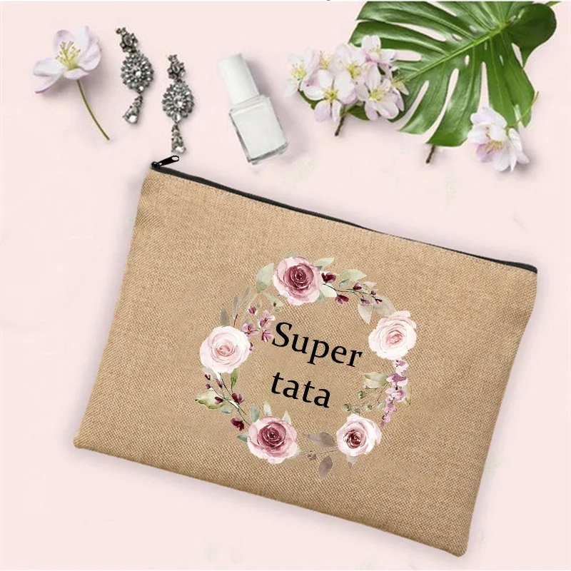 Best Gifts for Tata Super Tata Wreath Print  Linen Zipper Pouch Travel Toiletry Organizer Cosmetic Bag Women Neceser Makeup Bags