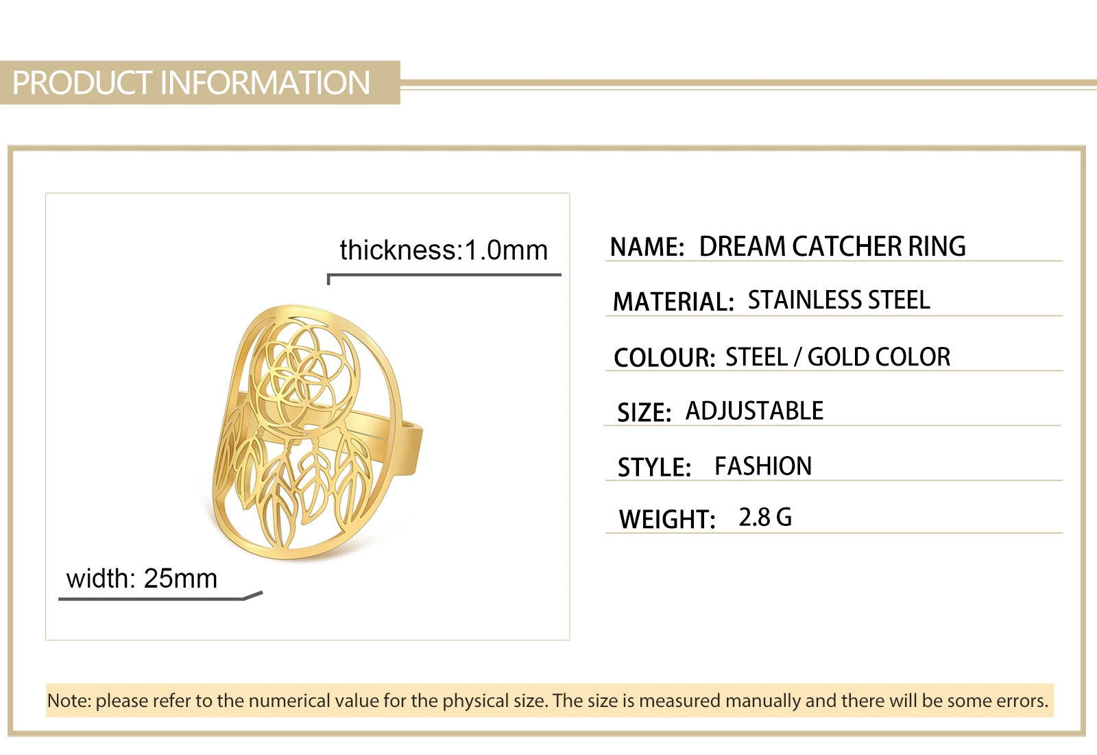 Skyrim Neu im Traumfänger-Ring für Damen, Edelstahl, goldfarben, verstellbare Fingerringe, 2026, Schmuck, Valentinstagsgeschenk – Detail 2