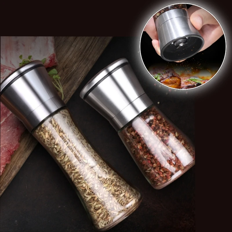 Salt and Pepper Grinder 2PCS 180/200ML Pepper Grinder Stainless Steel Mill Manual Spice Glass Salt and Pepper Black Grinder Machine For Household