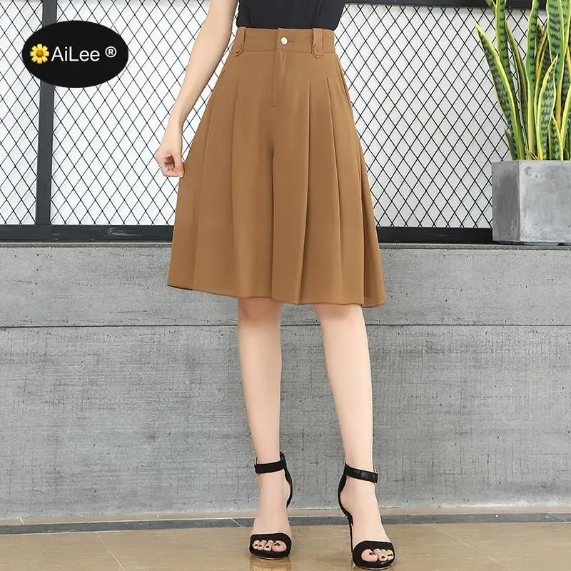 Pantalones cortos de gasa hasta la rodilla, camisas de cintura alta para mujer, faldas de pierna ancha, pantalón holgado informal, elegante para oficina - AliExpress Ropa de mujer