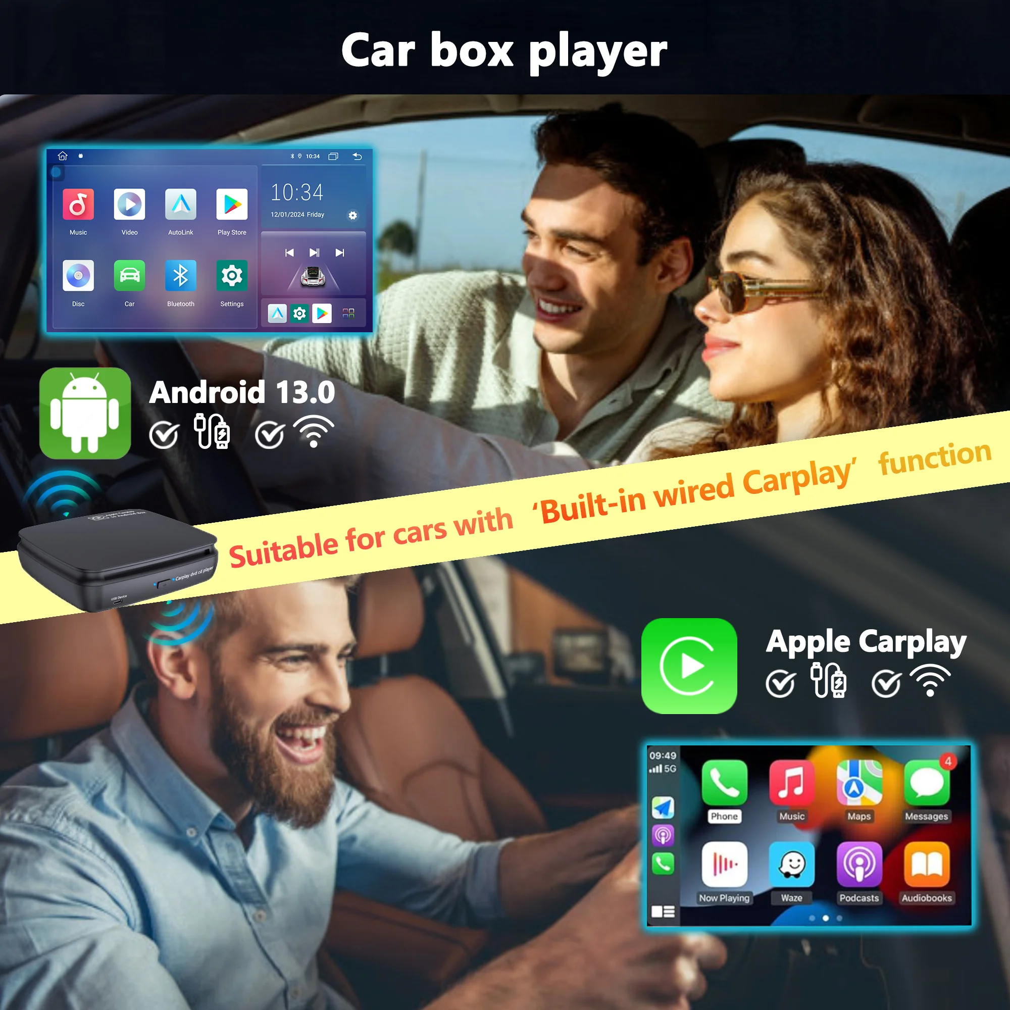 AUTOTOP 자동차 라디오 카플레이 AI 스마트 박스, 외부 휴대용 USB DVD 스테레오 음악 플레이어, 유선 카플레이, 안드로이드 13