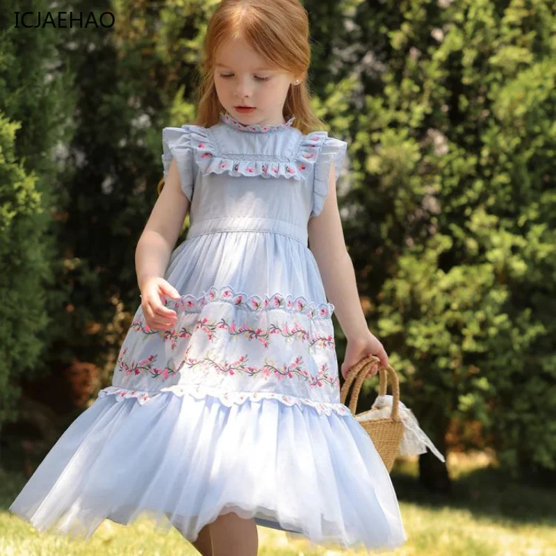 Vintage Baby Girl Dresses Sleeveless O-Neck Palace Princess Floral Embroidery Matching Newborn Vestidos for Eid Summer