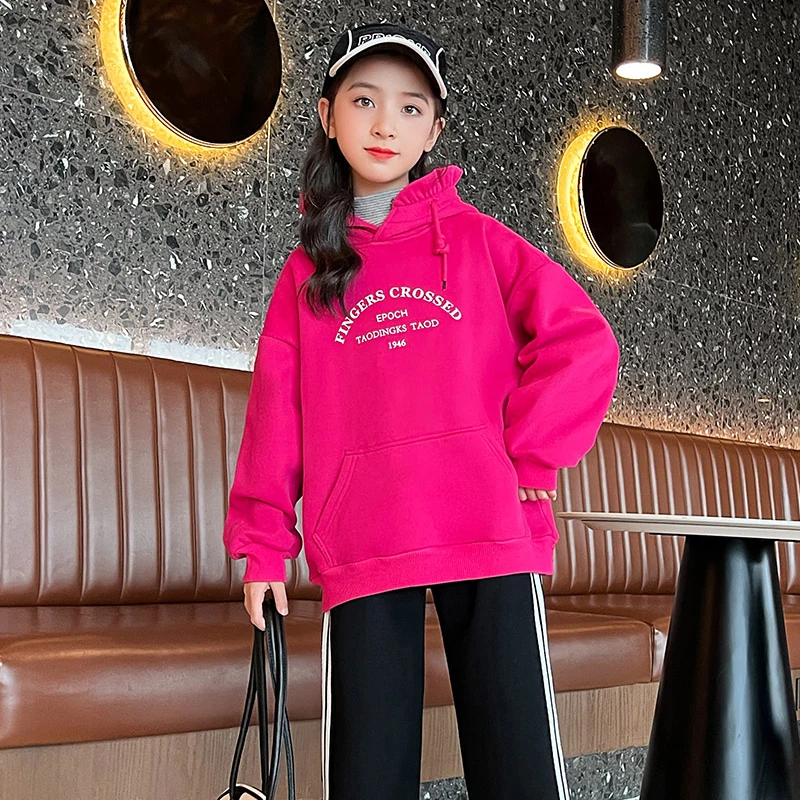 

Children Autumn and Winter Clothing New Big Girls Fleece Pullover Sweatshirt Girl Casual Letters Print Hooded Thick Top 6-14 Yrs