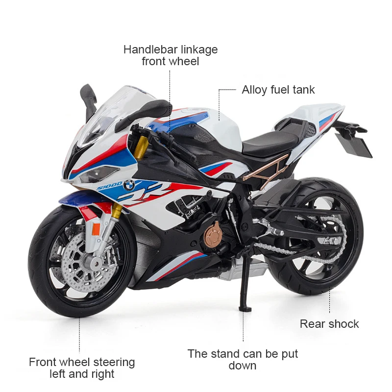 1/12 BMW S1000RR 합금 다이캐스트 오토바이 모델 장난감 컬렉션 취미 쇼크 업소버 오프로드 오토바이 장난감 자동차, 어린이 선물