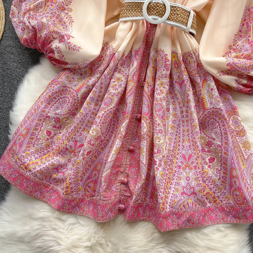Vintage Print Elegant V-neck Lantern Long Sleeve Dress A-line Casual Women Fashion Autumn Spring Vestidos