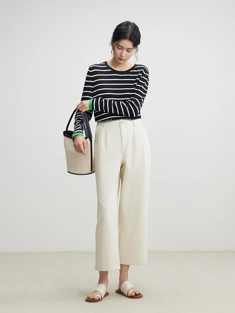 DUSHU 【2 Colors】Three-proof Fabric Women Tapered Jeans Denim White Retro Pleated Design Female Cropped Jean 24DS81133