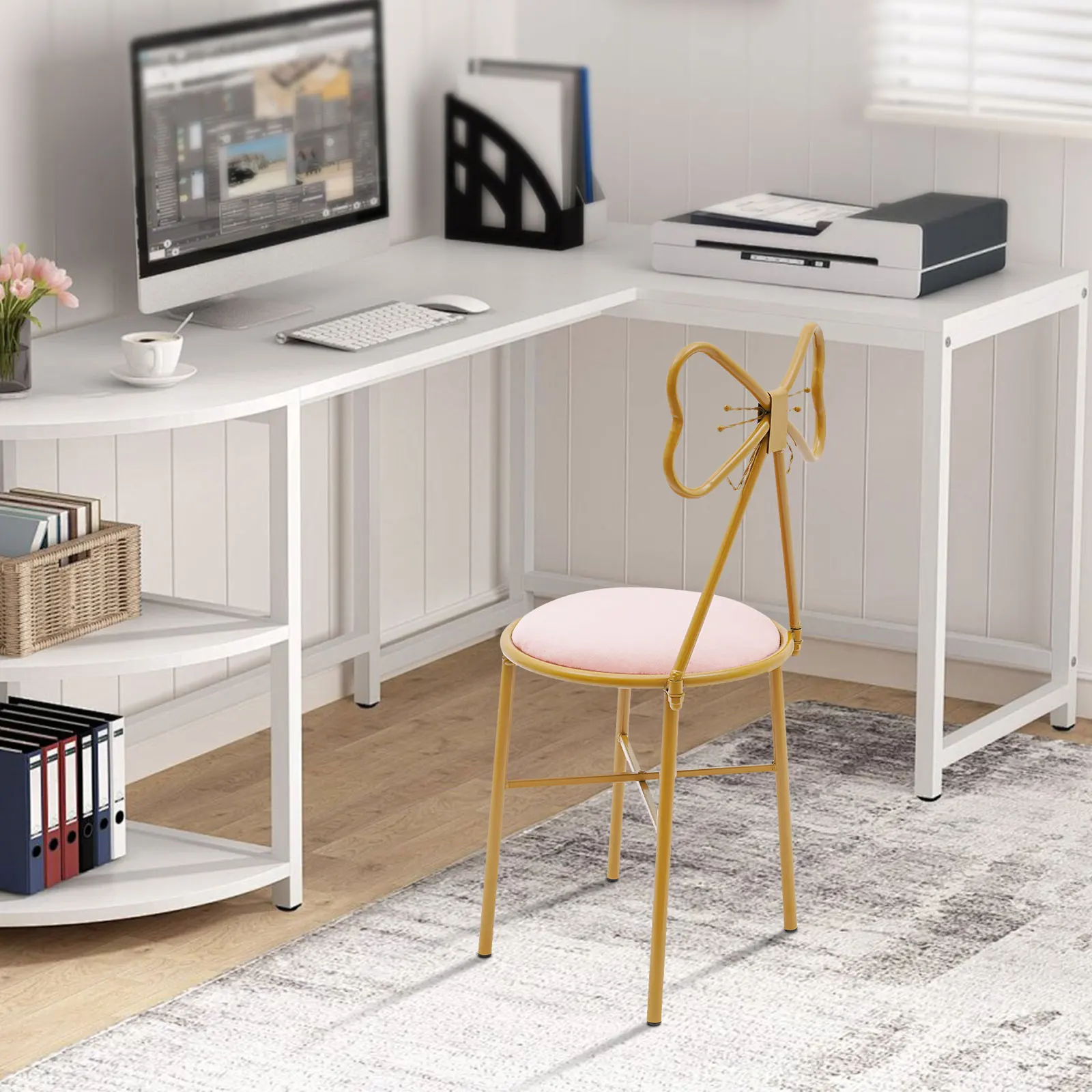 Modern Simple Metal Dressing Table Makeup Chair With Stool Velvet Chair Pink - 3
