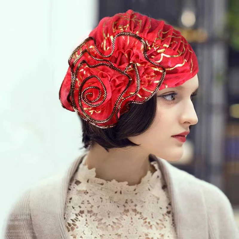 Spring New Large Flower Turbans For Women Beauty Yarn Plate Jacquard Headwrap Lace Hat MuslimTurban Caps Islamic Headwear muslim headwear,female head wraps