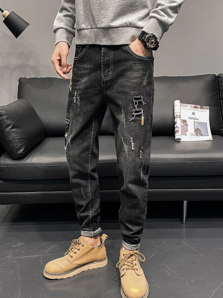 

Male Cowboy Pants Skinny Trousers Torn Slim Fit with Pockets Jeans for Men Ripped Broken Tight Pipe Holes 2024 Fashion Washed Xs