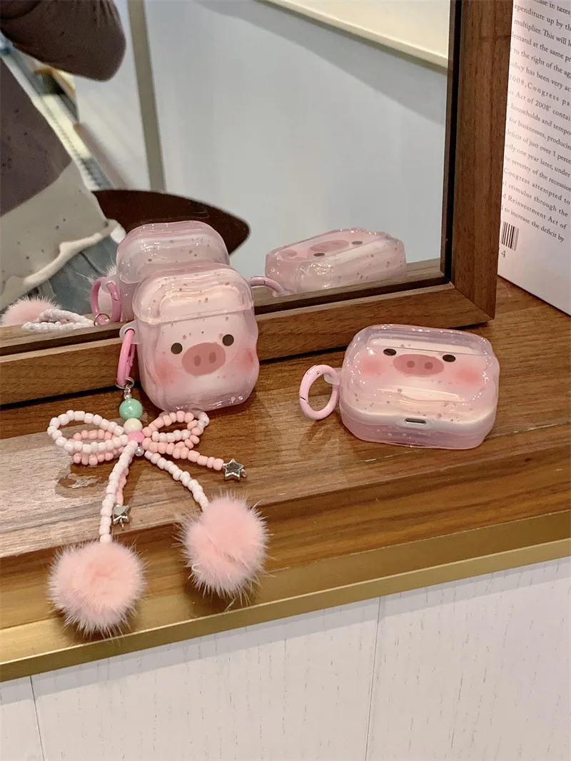 Cute Piggy Hair powder blusher Earphone Case For Apple Airpods 1 2 3 4 Pro Pro2 Plush Lanyard Case