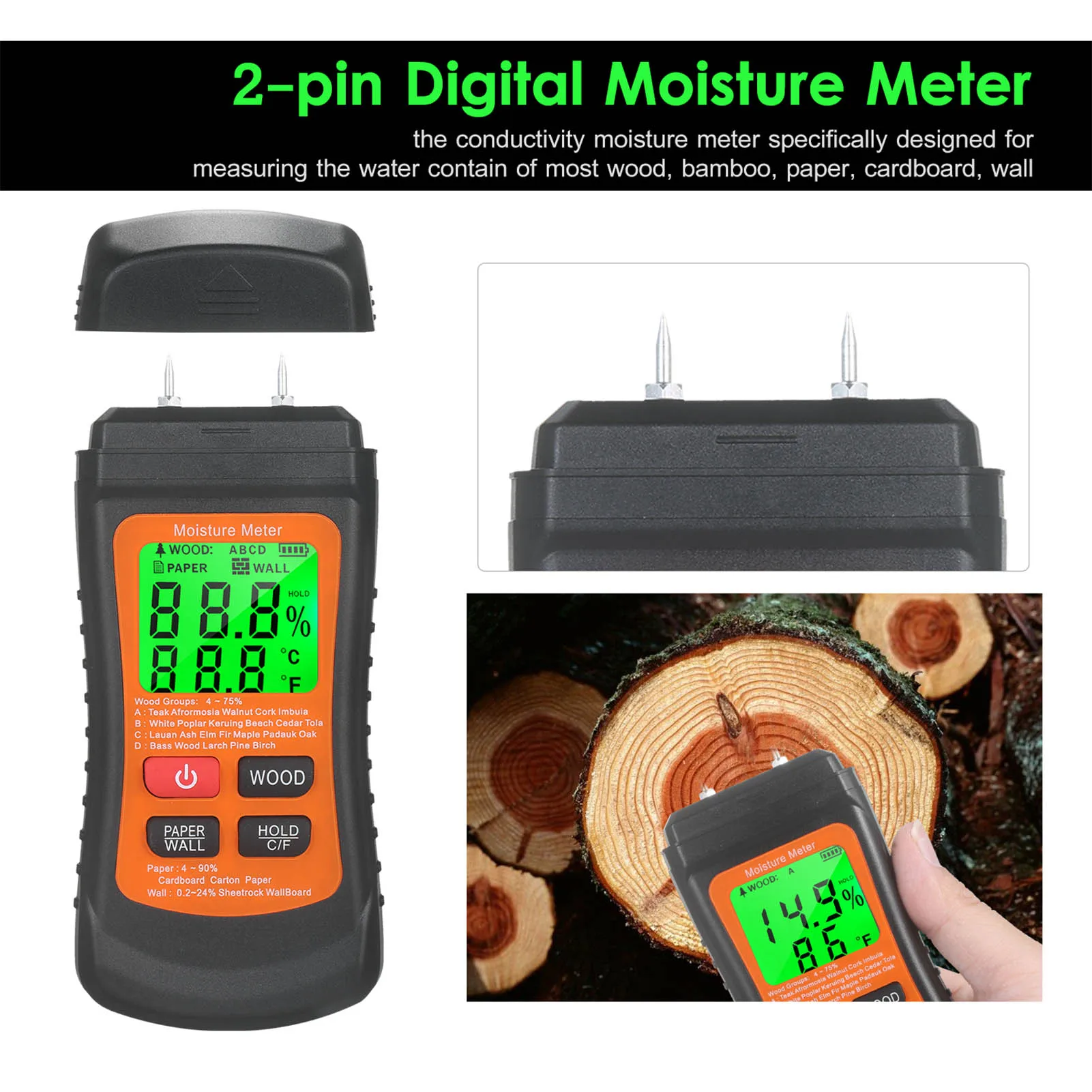 Wooden Moisture Meter 2 Pins Type Wall Cement Brick Moisture Humidity