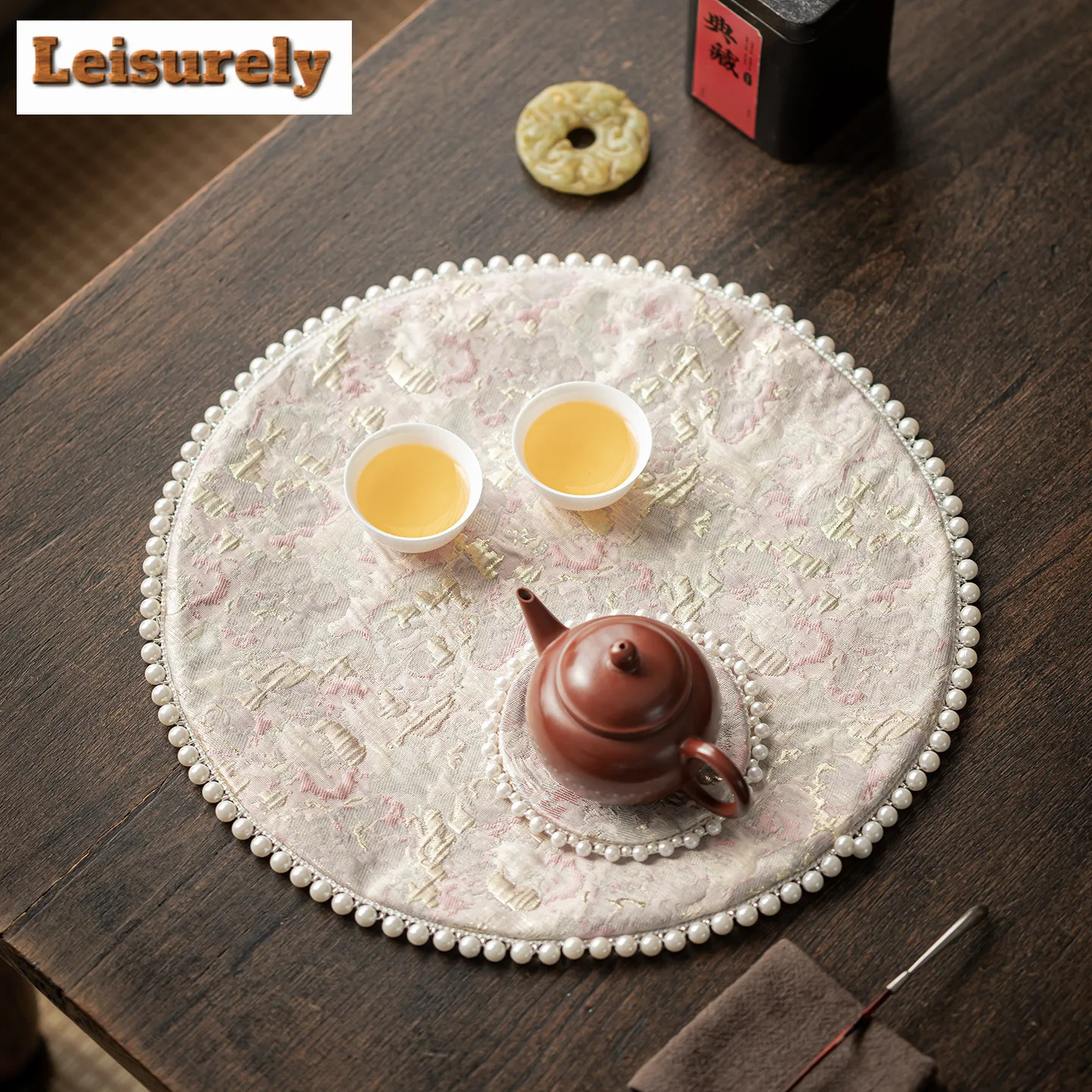 Chinese Pearl Edge Double-sided Tea Table Mats Retro Drink Coaster Dinner Table Cloth Mat Placemat Chinese Tea Set Decoration