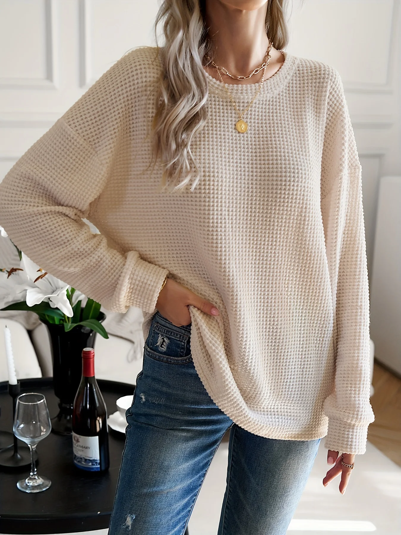 Myvesto Women Casual Pullovers Solid Color Pineapple Grain Crew-Neck Top Drop Shoulder Waffle Knit Hoodie