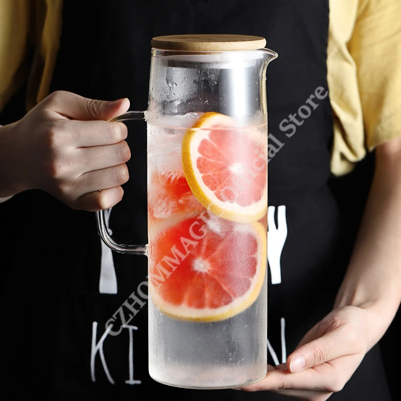 1.7L Glass Water Pitcher with Handle Bamboo Lid Heat Resisttant Cold Hot Kettle Large-capacity Tea Pitcher Water Juice Jug Cups glass pitcher cold water jug