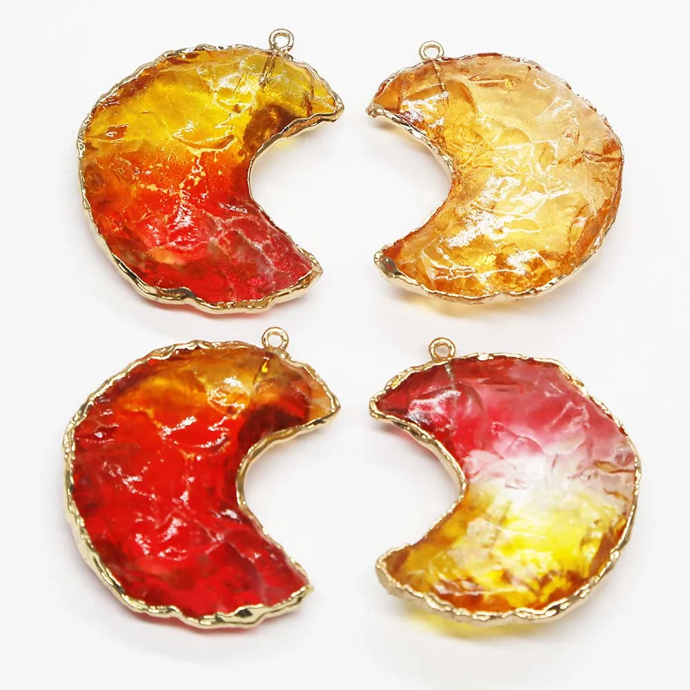 Natural Semiprecious Stone Yellow Red Crystal Crescent Gold Edged Necklace Pendant Charm Jewelry Gift Accessories Wholesale 8Pcs