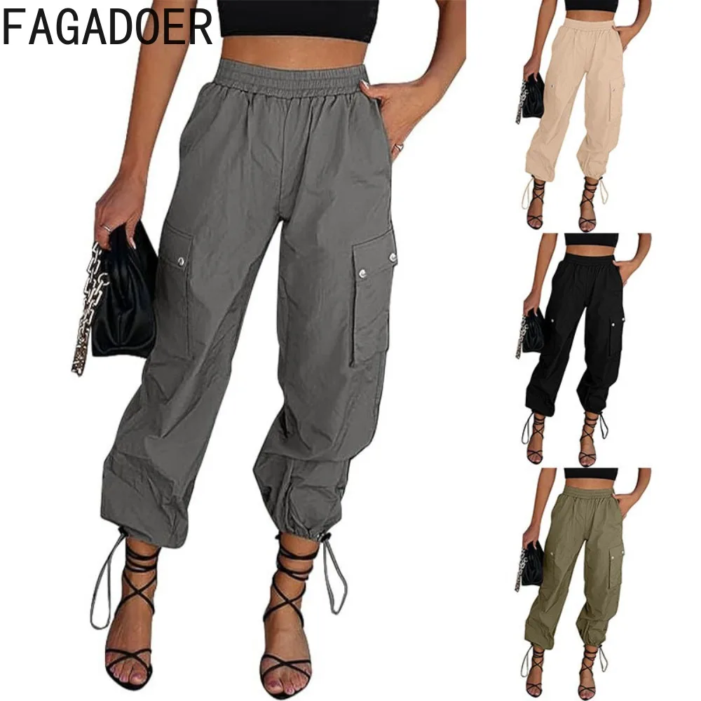 

FAGADOER Autumn Casual Solid Color Pocket Cargo Pants Women Elastic High Waisted Loose Sporty Trousers Female Matching Bottoms