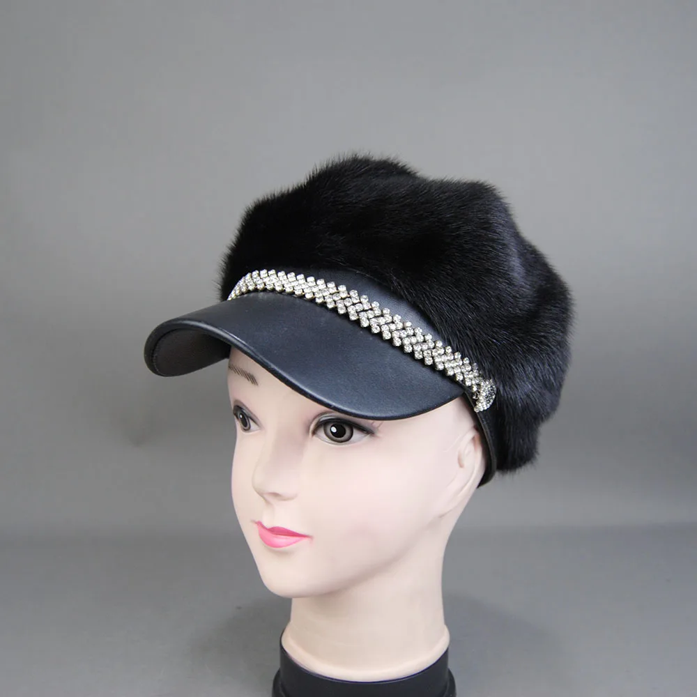 Winter Baseball Hat Women Full Pelt Real Mink Fur Hats Lady Luxury Warm Natural Mink Fur Visors Caps Female Fashion Hat