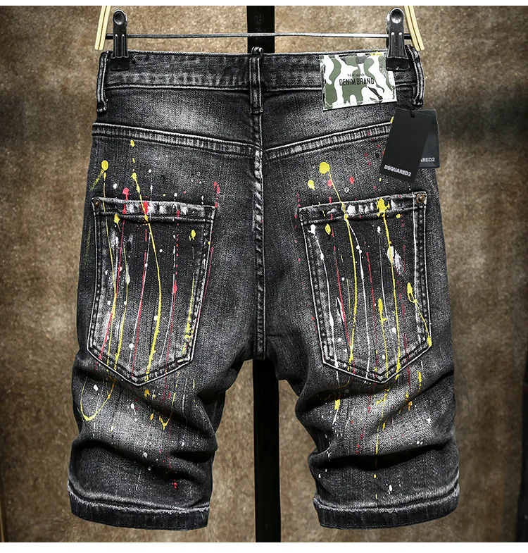 2023 Quality Brand Style Paint Swing Personality Unruly High Street American Fashion Men's Pants Casual Hole Men's Shorts