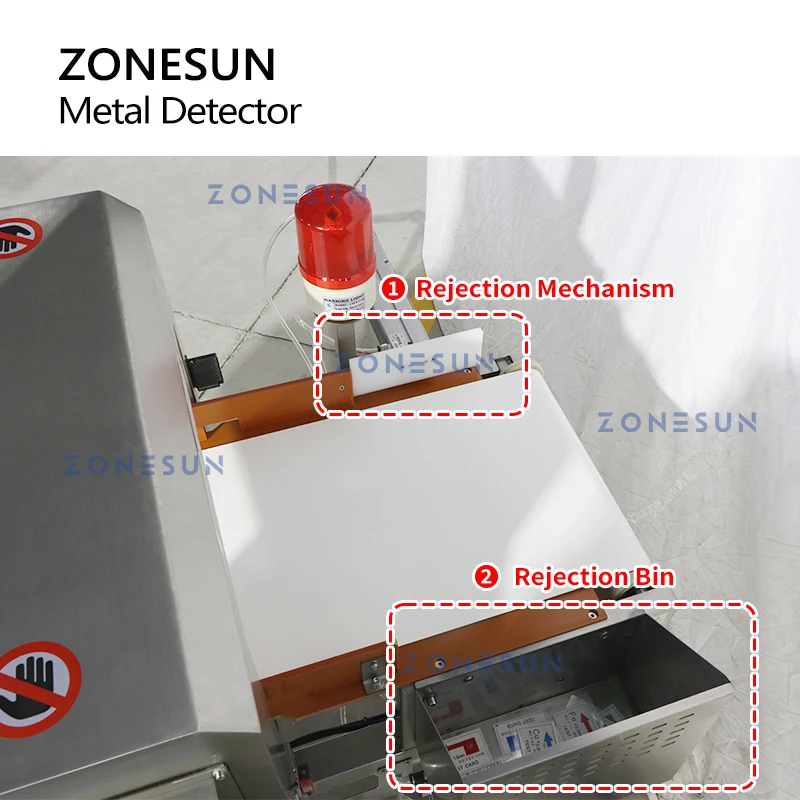 ZONESUN ZS-MD1 Metal Detector Checker Food Safety Ferreous Nonferreous Steel Impurity Rejected Rejection Bin  Production Process