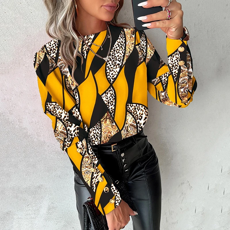 

Fashion New Printing Women T-Shirt O-Neck Button Design Long Sleeve Back Single Breasted Shirt Elegant Casual Streetwear Clothes