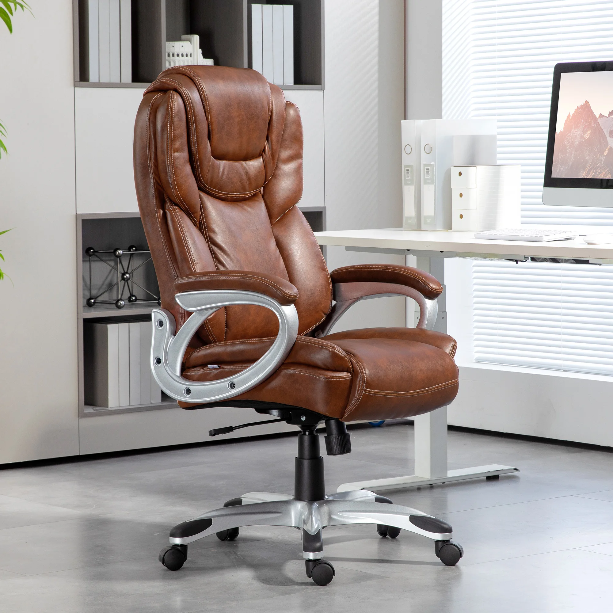 High Back Desk Chair with Swivel Wheels, Tilt Function, Executive Office Chair with Cushion & Adjustable Height, Brown 3
