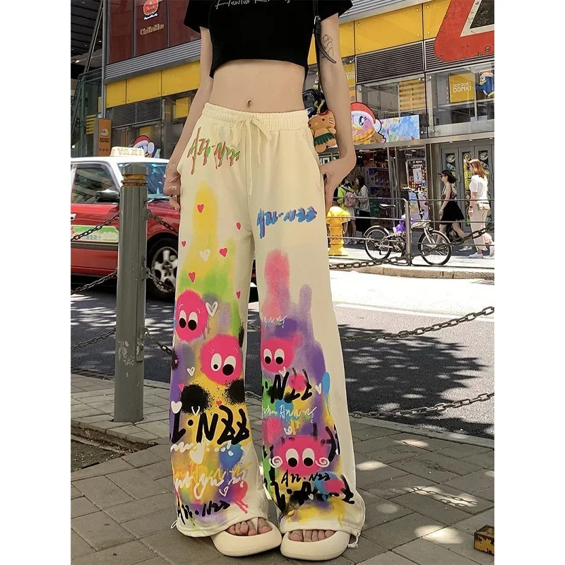 2024 Summer Fashion High Waisted Lace Up Print Loose and Slimming Street Trend Dopamine Dressing Casual Wide Leg Pants for Women