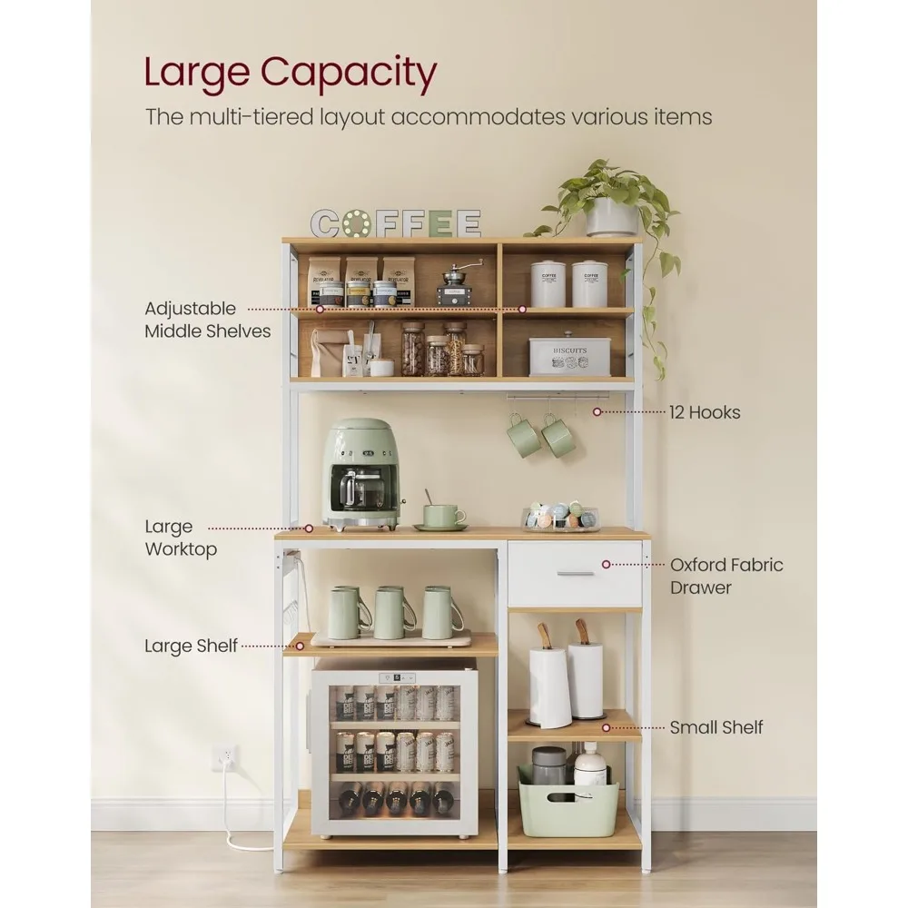 Bakers Rack with Charging Station, Coffee Bar Stand with Adjustable Storage Shelves, Fabric Drawer, 12Hooks, Table for Microwave 4