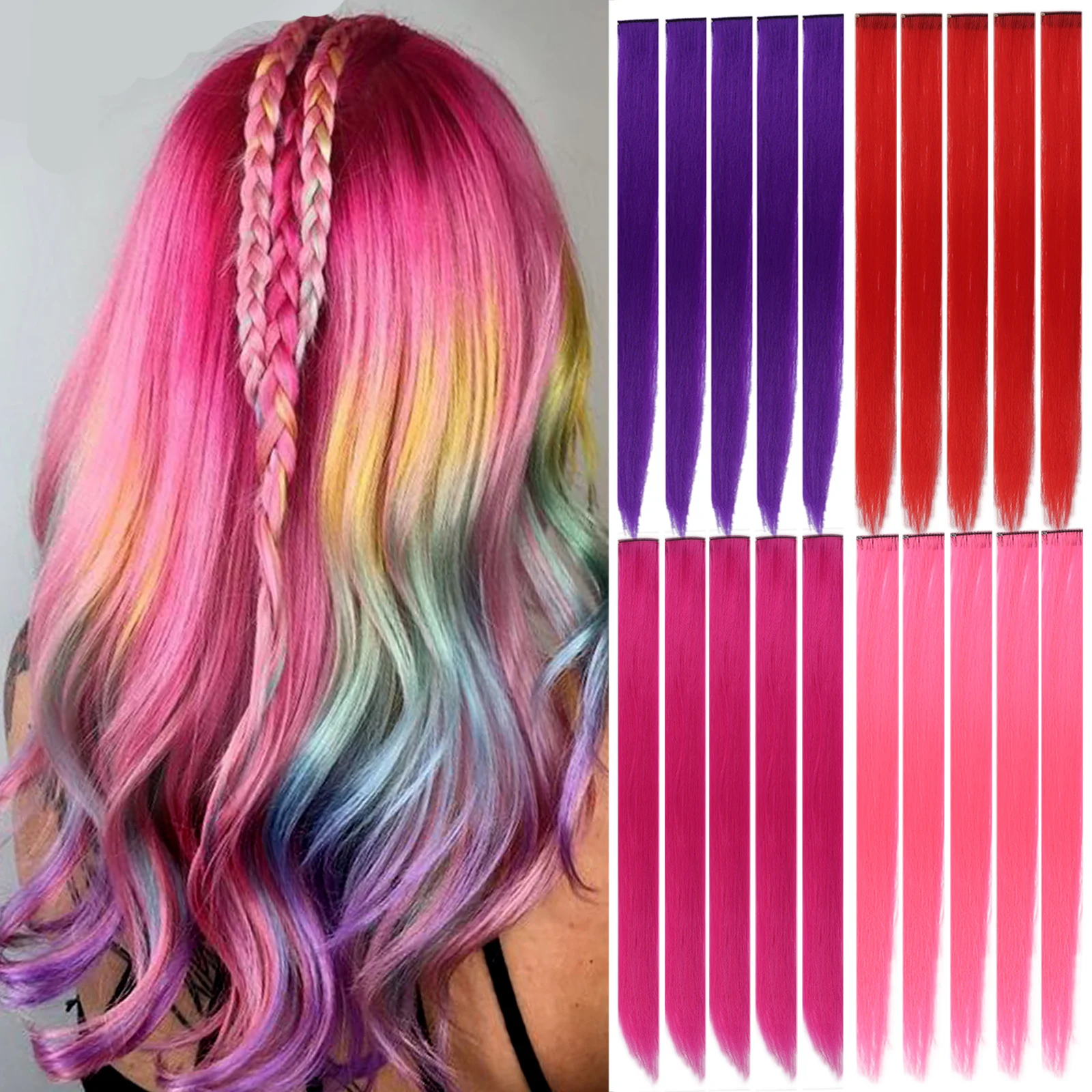 LUPU Colored Party Highlights Colorful Clip in Hair Extensions 22 inch Straight Synthetic Hairpieces for Women Kids Girls