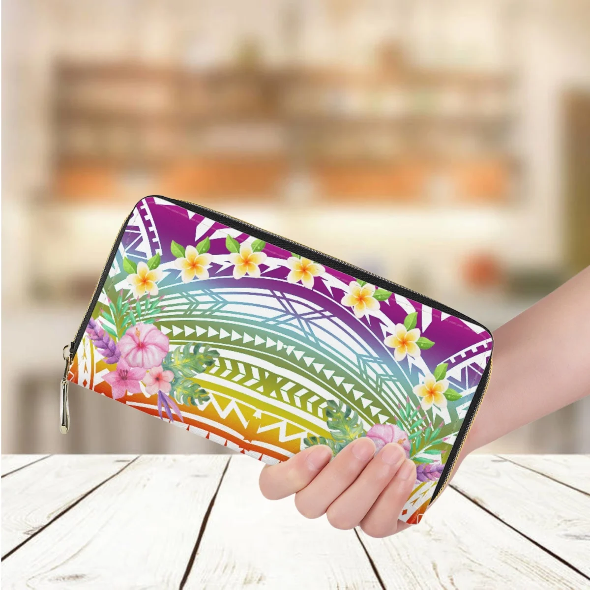 

Leather Long Wallet for Women Luxury Brand Casual Shopping Money Bag Hot Polynesian Frangipani Pattern Credit Card Holder Purse