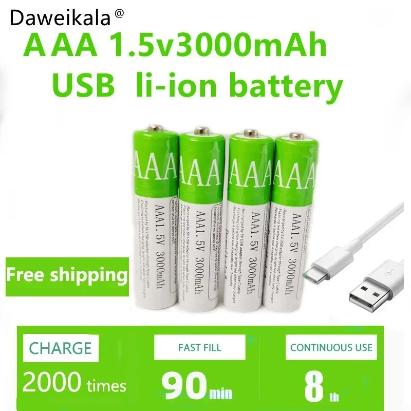 USB AAA Rechargeable Batteries 1.5V 3000 mAh li-ion battery for remote control mouse Electric toy battery + Type-C Cable rechargeable battery