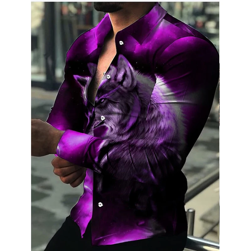 

Social Fashion Men Shirts Turn-down Collar Casual Shirt Wolf Print Long Sleeve Tops Men's Clothing Cardigan Club High Quality
