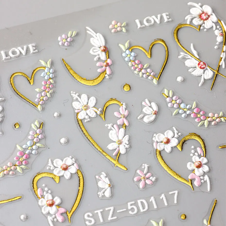 5D Embossed Kawaii Floral Gold Line Sliders Spring White Flowers Nail Stickers DIY Simple Petals Wedding Nails Decals Accesories 5
