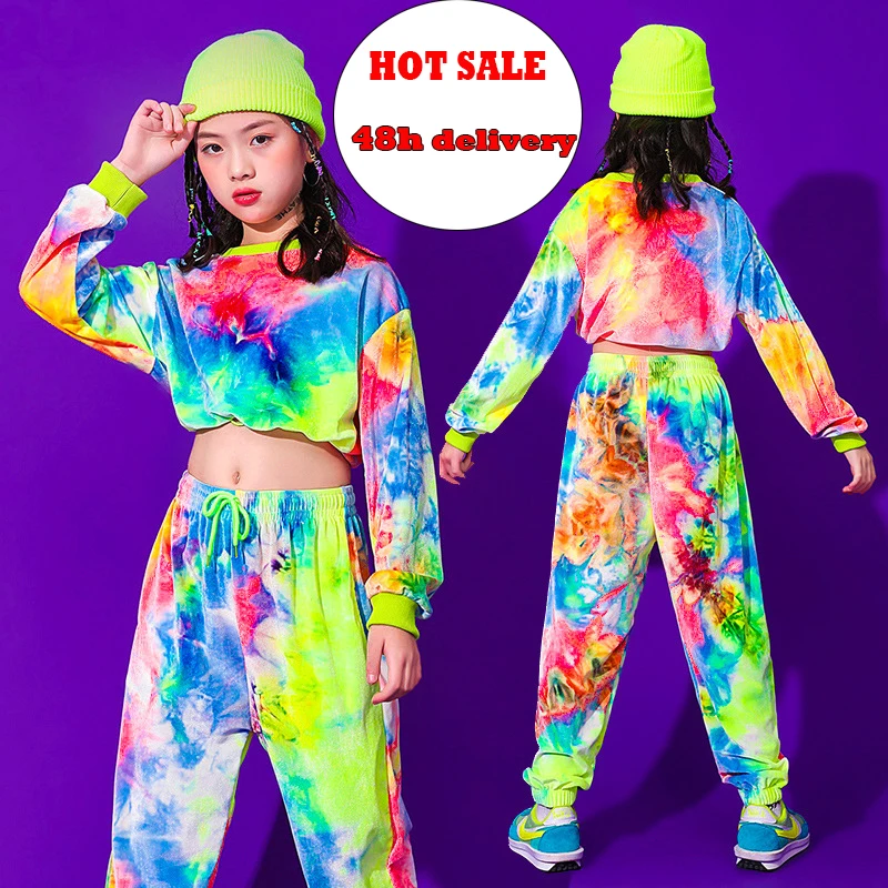Kid Cool Hip Hop Clothing Velvet Sweatshirt Crop Top Long Sleeve Shirt Streetwear Pants for Girls Jazz Dance Costume Clothes