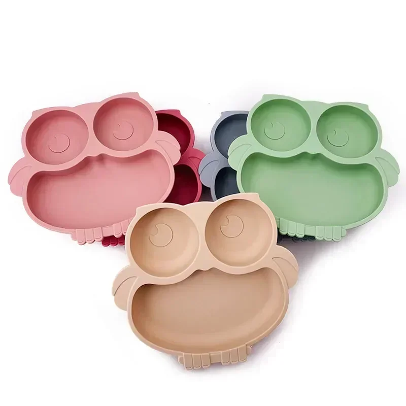 Silicone dining plate silicone meal set silicone feeding set silicone feeding bowl baby tableware set divided dinner plate children feeding tray BPA Free Silicone Baby Dining Plate Cute Owl Children Dishes Suction Plates for Toddlers Baby Training Feeding Sucker Bowl