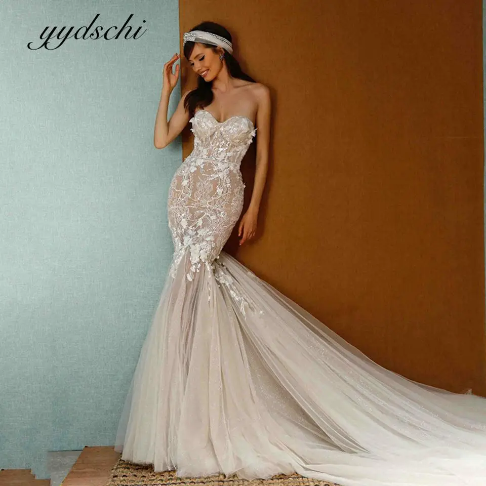 

2023 Mermaid Champagne Tulle Lace Wedding Dress For Women Elegant Bridal Dresses A-Line Off The Shoulder Vestido De Noiva