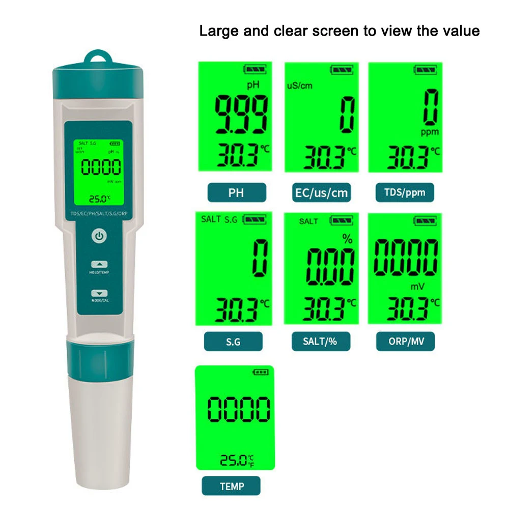 7in1 PH Meter Digital Water Quality Tester PH/TDS/EC/Salinity/ORP/S.G/Temperature Measuring Pen for Aquariums Monitor Quality Water,water tester,ph meter,water quality detector